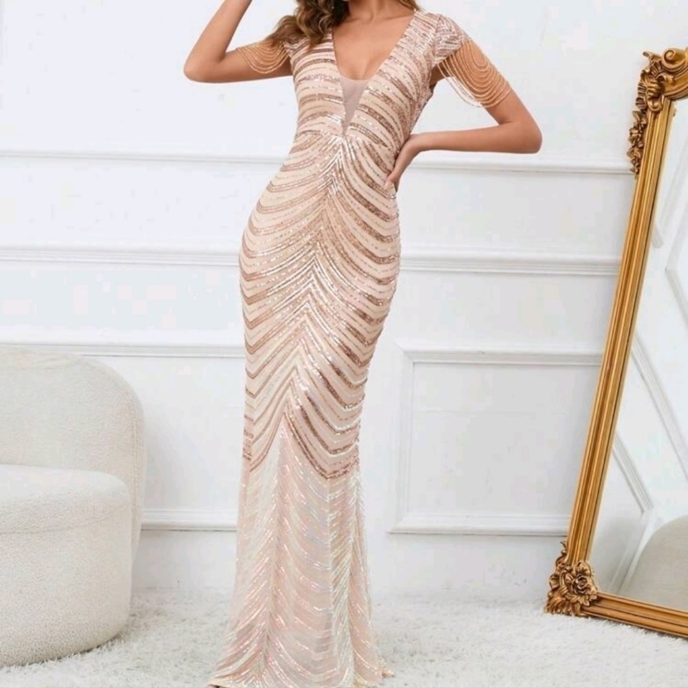 Gold, Chevron Print, Sequined Mermaid Gown, Custom Handmade - Picture 8 of 15